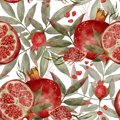 Botanical Illustration, vibrant watercolor Imagery, Featuring Pomegranate And Foliage Details