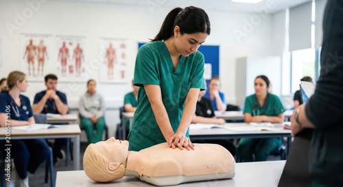 Nursing Student Practicing CPR on Training Mannequin