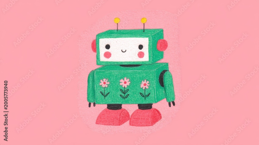 Fototapeta premium Cute green robot with flowers pastel children's illustration character design