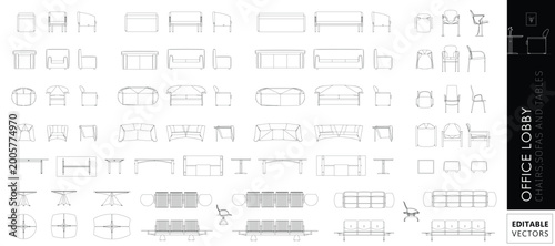 Tableau sur toile Office Furniture Line Icons – CAD Style Architectural Drawing Vector Set (Lobby