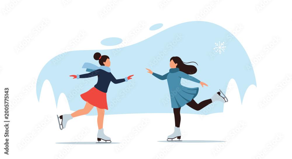 Obraz premium Two young women gracefully ice skating on a frozen lake with snowy mountains and abstract winter elements.
