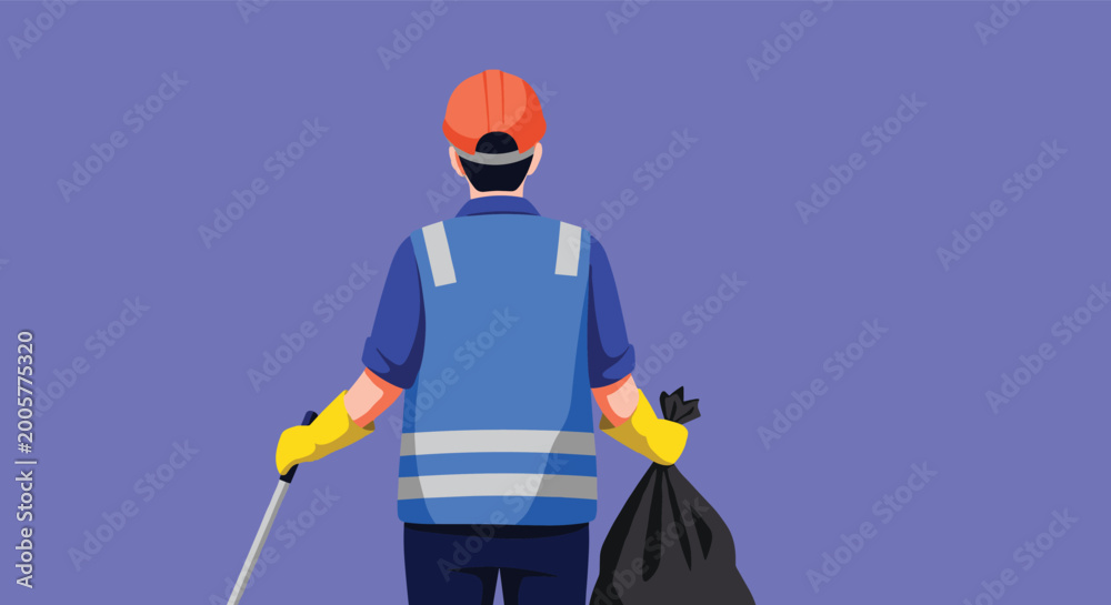 Fototapeta premium Sanitation worker in a blue safety vest and orange hard hat shown from behind holding a black trash bag and a litter picker tool.