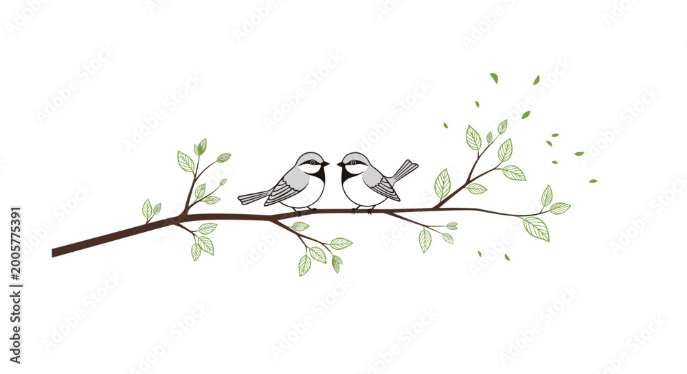 Fototapeta premium Pair of cute small birds perched on a leafy tree branch with green foliage against a clean and minimalist white background.