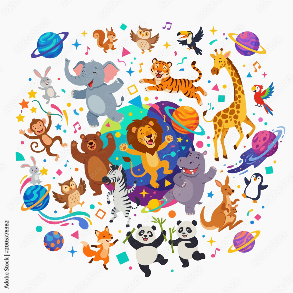 Naklejka premium Circle of cartoon animals with colorful cosmic decorations
