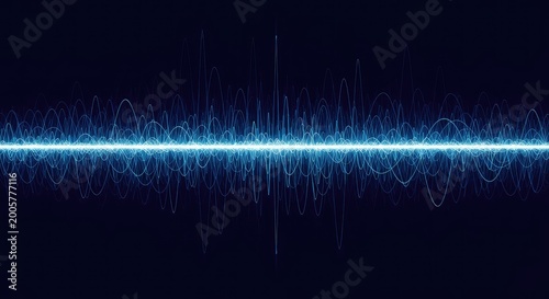 Dynamic visualization of complex sound waves or frequency oscillations, creating an abstract technical pattern against a dark blue background, effect, dark, technological