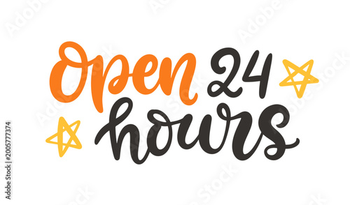 Open 24 Hours vector hand lettering for shop, cafe