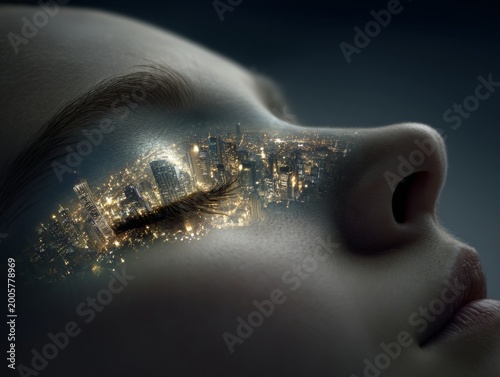 Dreamlike city skyline glowing inside closed eye surreal night vision