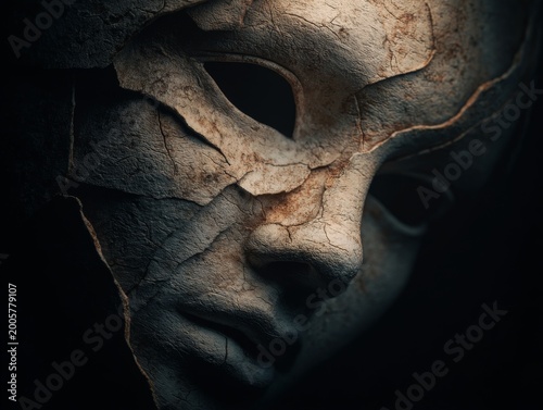 Cracked ancient stone mask with dark hollow eyes mysterious texture