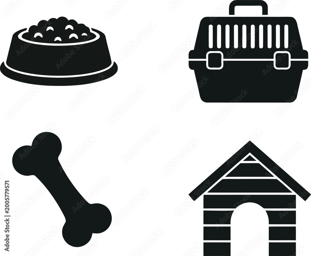 Fototapeta premium Pet supplies silhouette collection food carrier bone and dog house