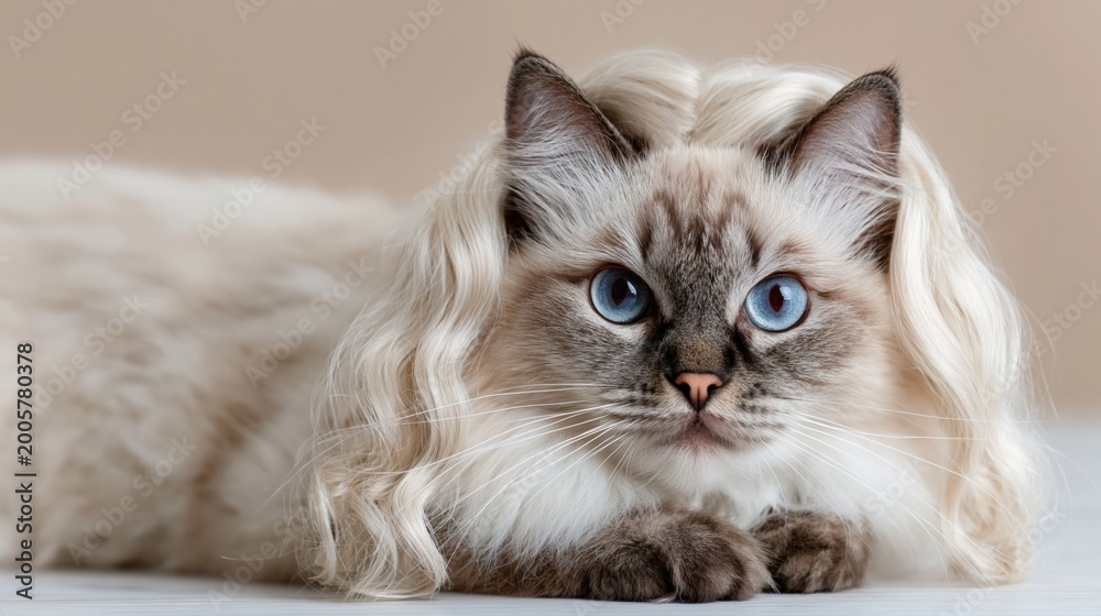 Obraz premium Blue eyed cat resting with long silky fur on surface