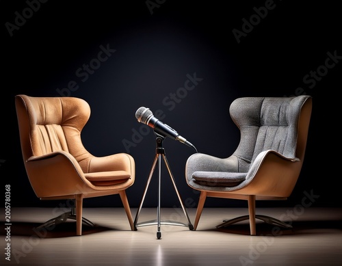 two chairs and microphones in podcast or interview room isolated on dark background