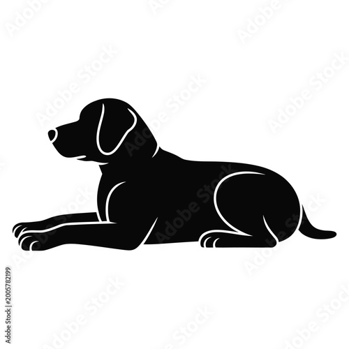 Lying dog in relaxed pose black and white animal shape on a white background silhouette