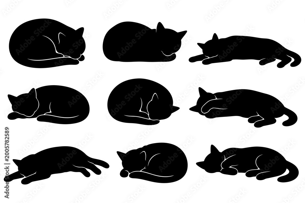 Fototapeta premium Collection of black cat silhouettes in various sleeping positions.
