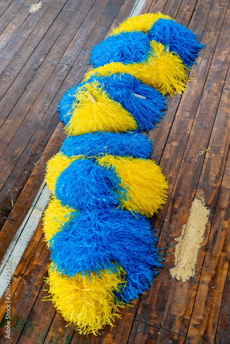 Schilderij op canvas Blue and Yellow Cheerleading Pom Poms on Wooden Floor