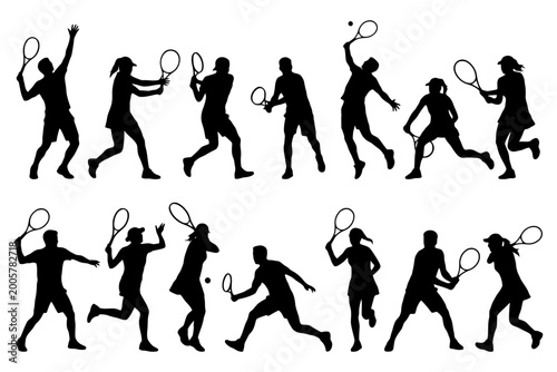 Silhouettes of diverse athletes playing tennis - action poses collection.