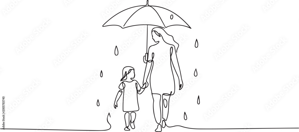 Fototapeta premium mother and her little daughter walking together with umbrella rainy day life full body length. one line icon drawing vector