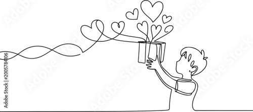 Bild auf Leinwand Single one line drawing the boy brought a gift box from which lots of hearts came out to the top