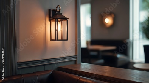 A warm ambient scene featuring a decorative wall lantern illuminated above a rustic wooden table in a cozy lounge setting