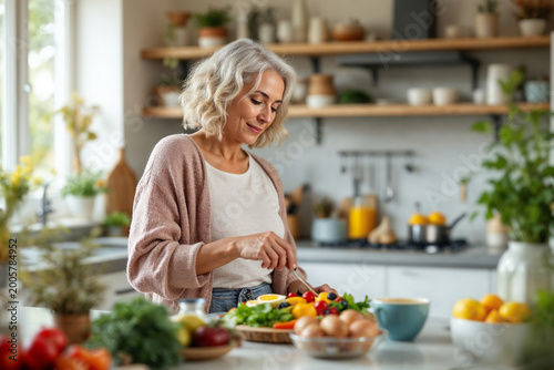 Smiling mature woman with grey hair preparing fresh healthy salad in cozy bright kitchen