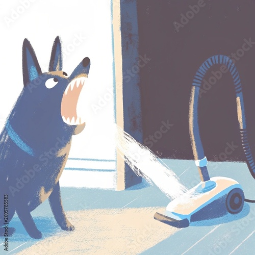 Dog barking at vacuum cleaner in indoor setting  