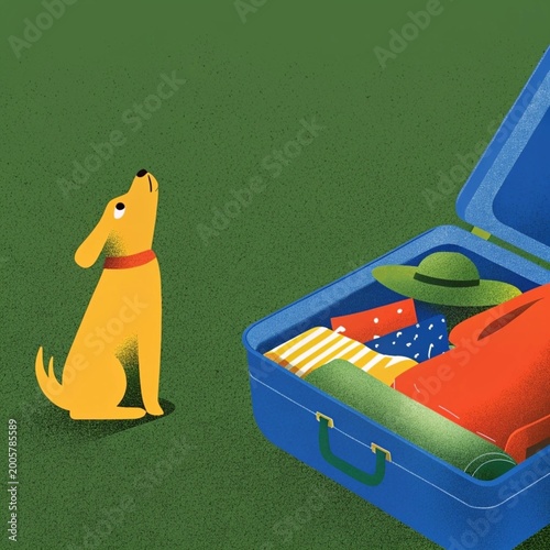 Cartoon dog looking at open suitcase with colorful clothes  