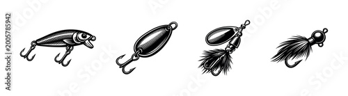 Collection of vintage fishing lure illustrations, black and white vector art, fishing equipment silhouettes