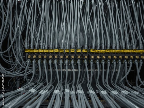 Complex network of thin control wires labeled with yellow ferrules connected to automated PLC modules in a factory control room setting. Generative AI