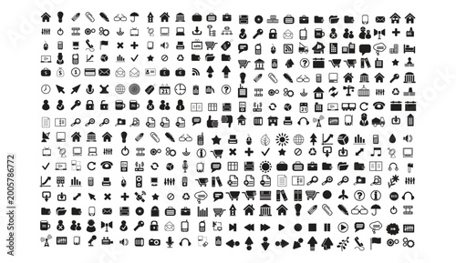 Fotografia Large assortment of black icons on white background versatile graphic icon set c