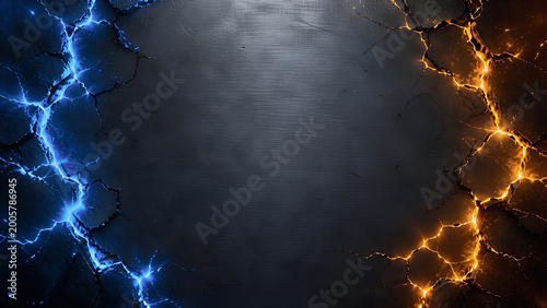 Abstract Background with Contrasting Blue and Orange Energy Cracks on Dark Stone Texture, Fire and Ice Concept