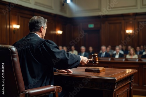 A judge, viewed from behind, holding a gavel in a solemn courtroom setting with an audience in the background.