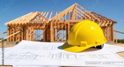 A yellow hard hat rests on architectural blueprints with a house framing in the background under a clear blue sky, signifying new construction.