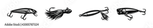 Photos Vector illustration of fishing lures silhouette set, including popper and jig de