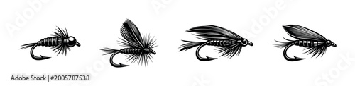 Photos Black and white vector illustrations of fishing fly hooks silhouette art design
