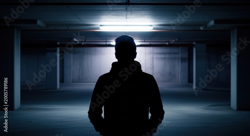 Silhouette of a Person Standing in a Dark Empty Parking Garage.