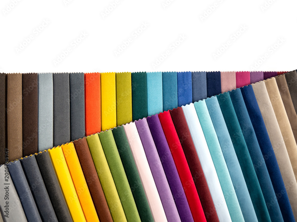 Naklejka premium Vibrant fabric swatches in rich hues, perfect for design projects. Colorful textures arranged neatly for creative inspiration. Ideal for fashion