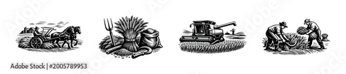 Foto Vintage farm harvest illustration, featuring agricultural equipment and farmers,