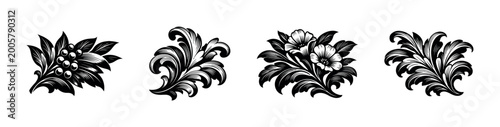 Fotografia Set of ornamental floral elements, botanical silhouettes, black and white vector
