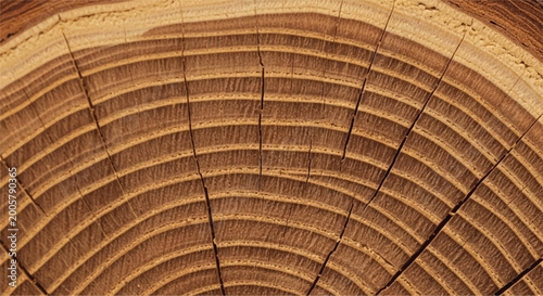 Wood grain cross section. Wood texture of cut tree. Closeup of tree trunk rings. 
