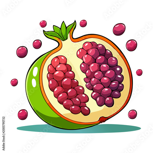 Red pomegranate fruit cut open revealing shiny ruby seeds for antioxidant rich healthy eating and diet themes - Vector Illustration