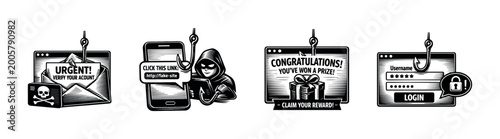 Fotografija Phishing scam warning illustrations, cybersecurity threat vector art, black and