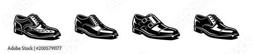 Photos Set of black and white vector illustrations of men's dress shoes, including brog