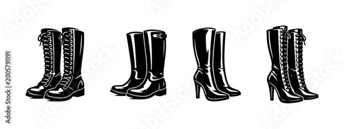 Quadro su tela Set of black and white boot illustrations, fashion footwear, vector style silhou