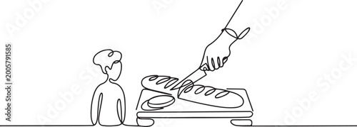 Konstfotografi Single one line drawing French bread with the ends cut off on a cutting board