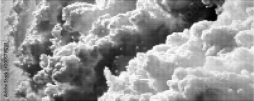 Abstract black halftone pattern of stacked square bars forming a jagged horizontal city skyline silhouette across white paper, with vintage newsprint dots and subtle grain.