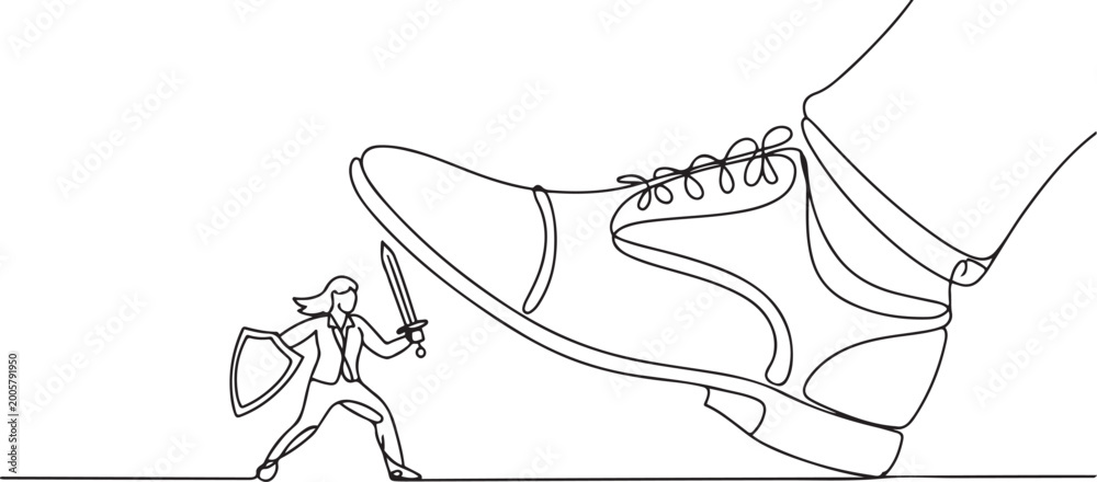 Obraz premium Single one line drawing young businesswoman fight to giant foot with shield and sword. Office worker against boss big shoe stomp. one line icon drawing vector