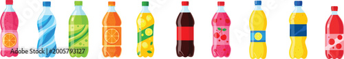 Konstfotografi Assorted soft drink bottles with colorful labels, featuring soda, fruit juice, and fizzy drinks in various vibrant colors