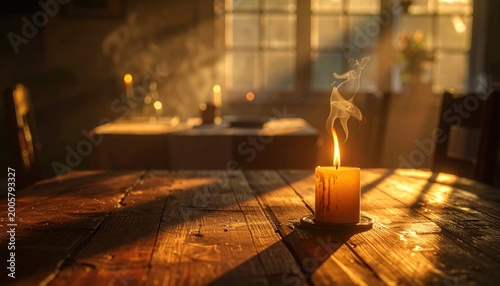 Candlelight Glow - Warm Ambiance on Wooden Table in Dimly Lit Room.