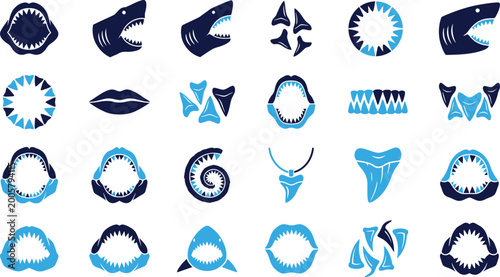 Shark teeth and jaws icons, aggressive symbols for danger and marine life.