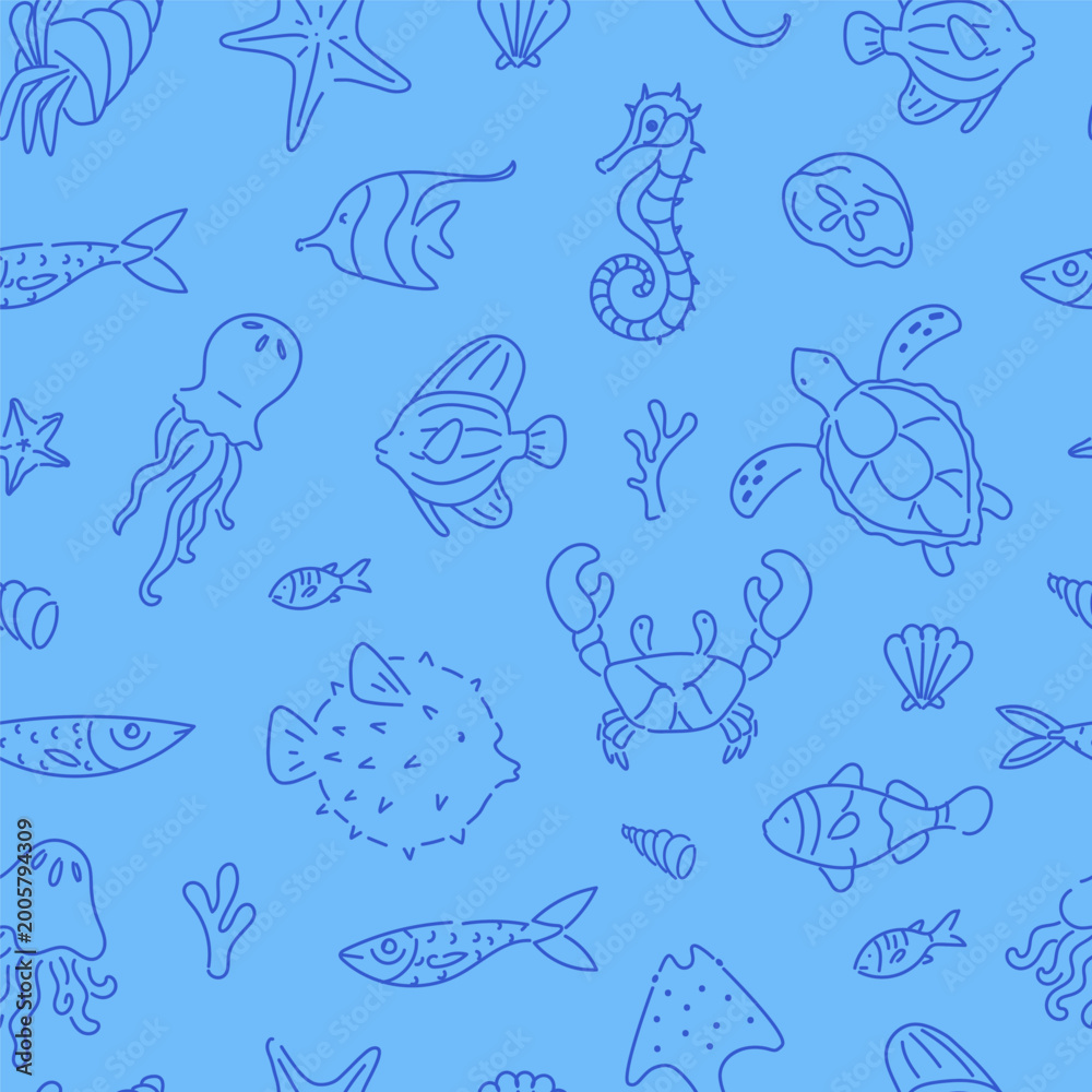 Fototapeta premium Seamless Nautical Pattern with Hand-Drawn Sea Creatures on Blue Background