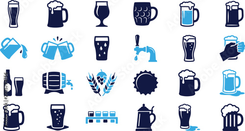 Bild auf Leinwand Assorted beer icons in blue and dark blue on white background for drink and pub vector